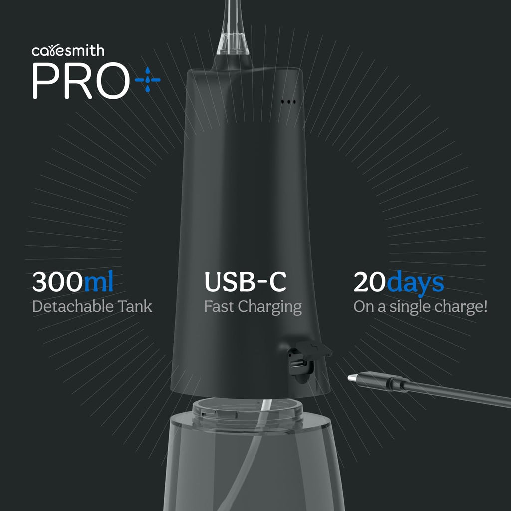 Caresmith Pro+ Cordless Oral Power Flosser | 4 Modes of Different Water Pressure Power | 300 ml Large Detachable Water Tank | IPX7 Waterproof | 2 Jet Tips