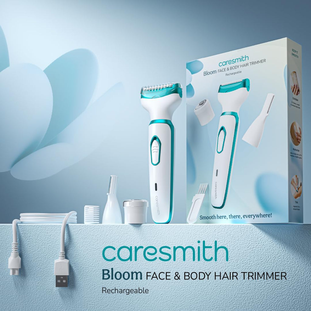 Caresmith Bloom 4 in 1 Face & Body Hair Trimmer for Women | 3 Heads- Body Trimmer & Shaver, Face Trimmer & Eyebrow Trimmer | Rechargeable | Hair Removal Machine for Women, Green