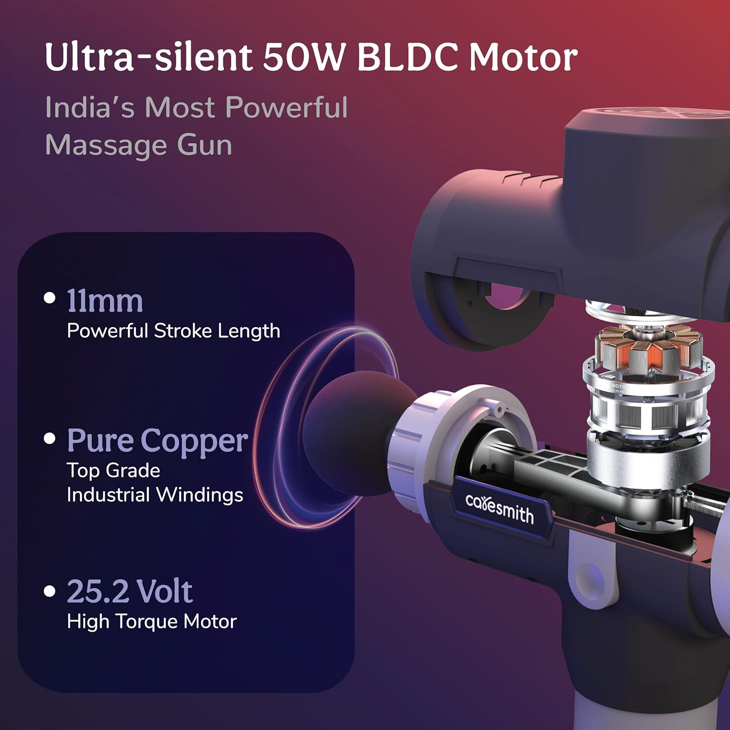 Caresmith Charge Sport Professional Massage Gun | Ultra Powerful Deep Tissue True Percussion Massager Machine for Pain Relief for Men and Women | 50 w BLDC Motor Massager Gun