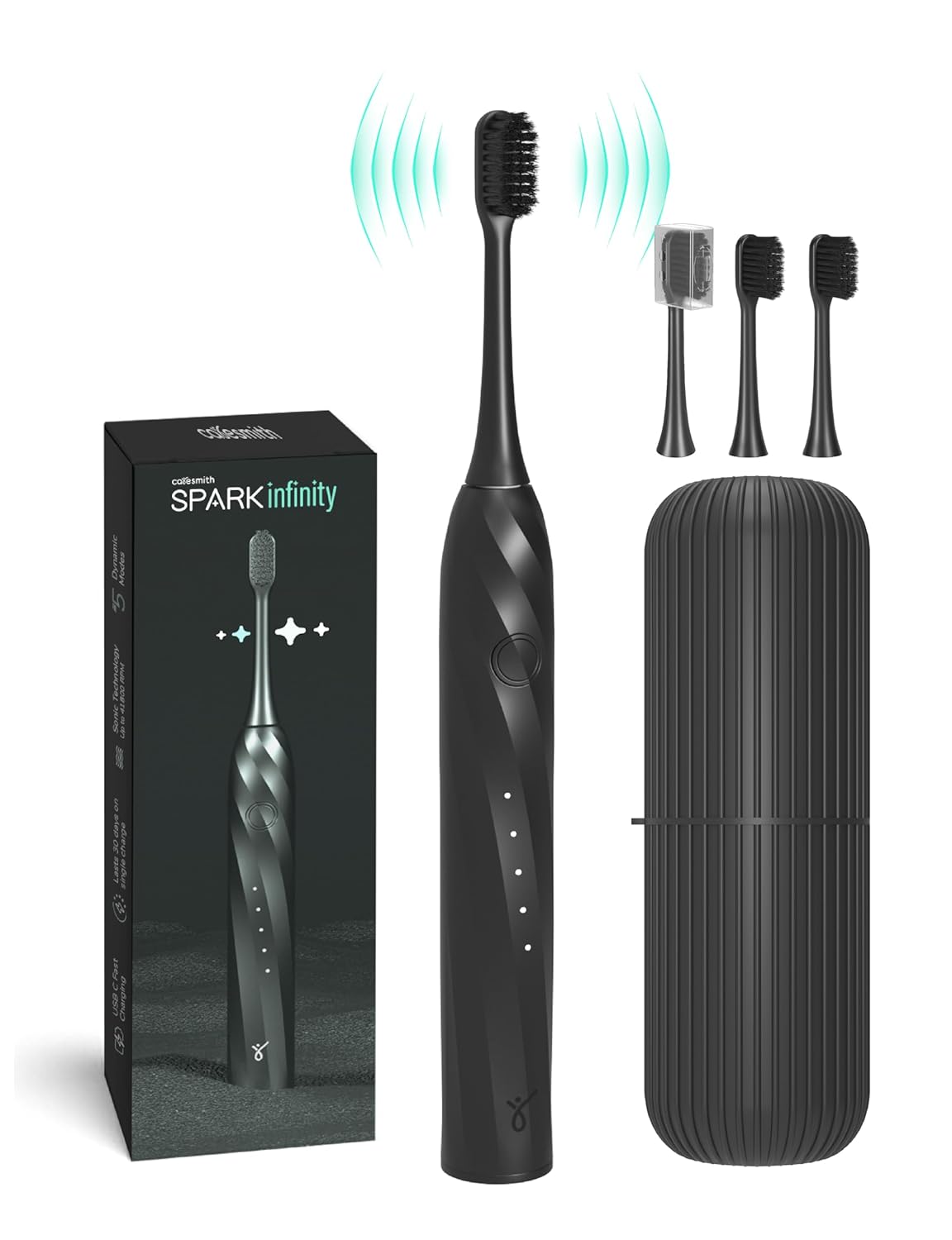 Caresmith SPARK Infinity Electric Toothbrush | 3 Brush Heads & Travel Case | 5 Operational Modes | Electric Brush for Adult | Black,Smart Toothbrush