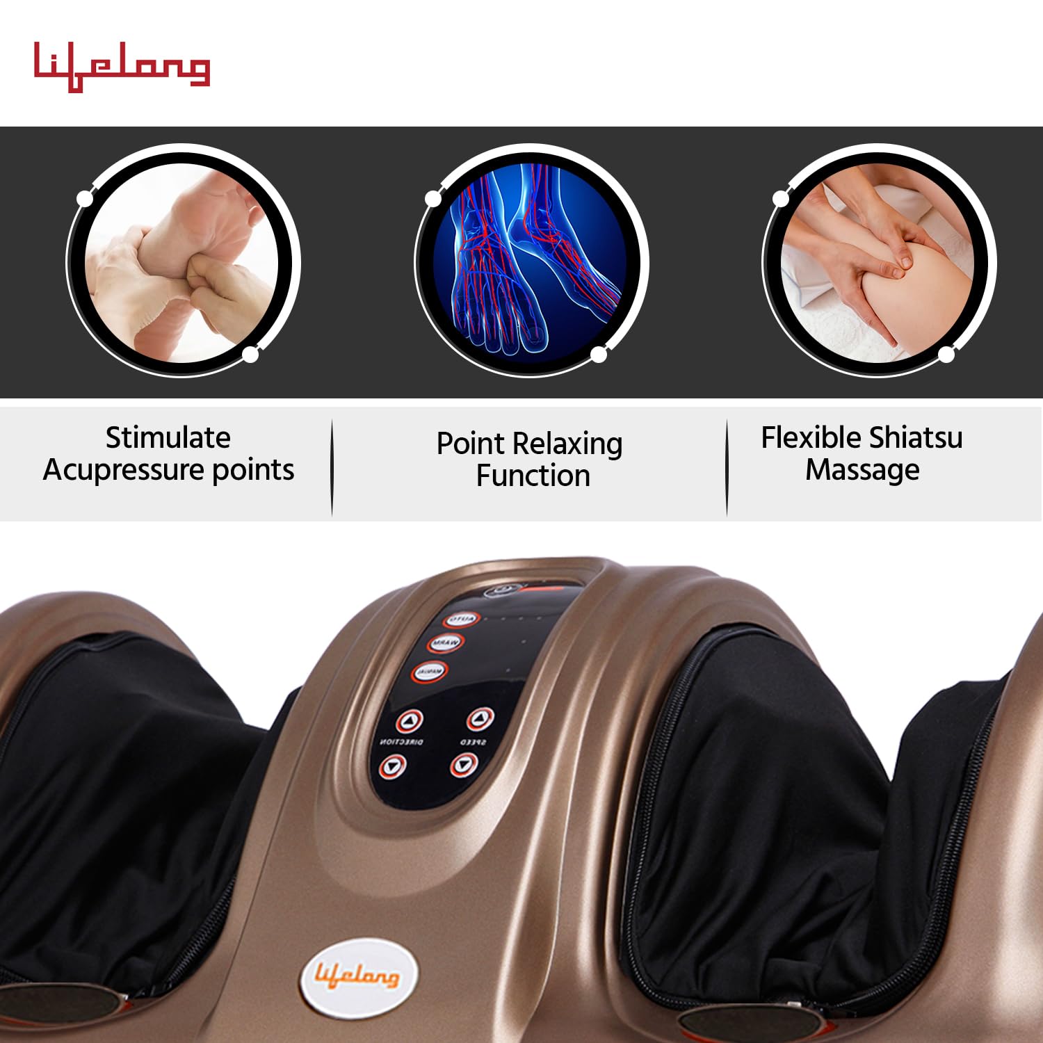 Lifelong Foot Massager Machine for Pain Relief with Kneading function - Also used as Leg Calf Massager - Corded Electric Foot Massage Machine for Home with Customizable Settings (LLM72, Brown)