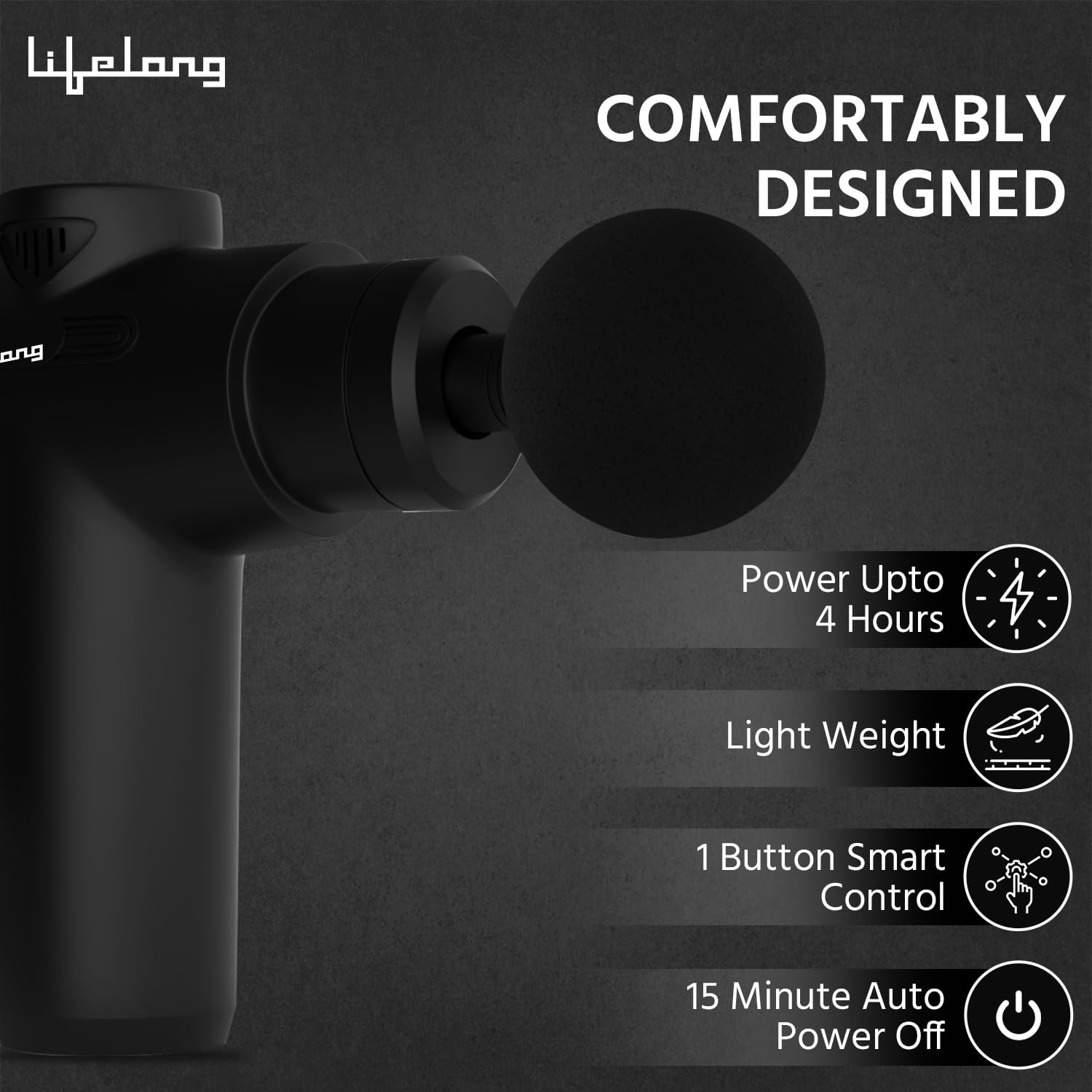 life long ViberX Massager/Massage Machine for Pain Relief/Fascial Gun/Deep Tissue Handheld Body Massager for Men and Women - Black