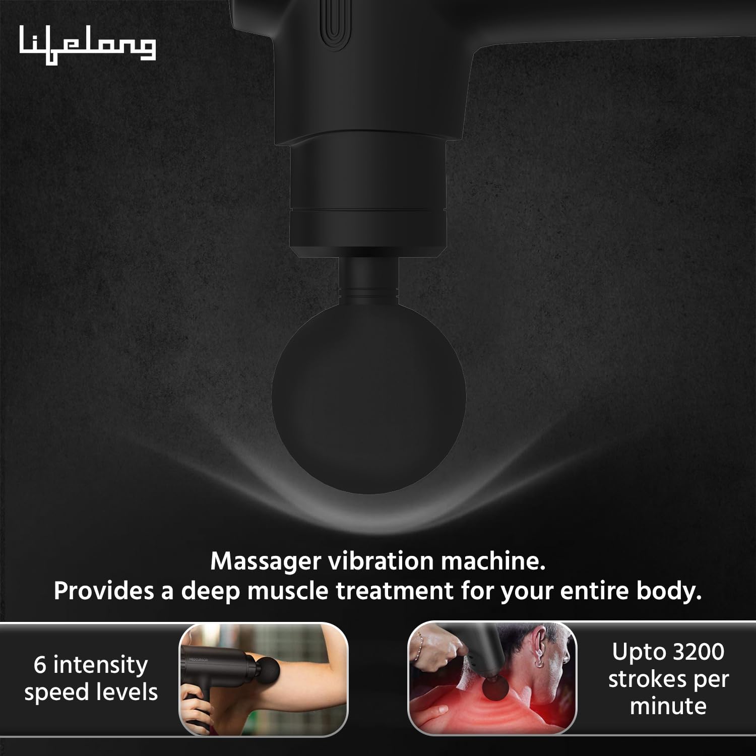 life long ViberX Massager/Massage Machine for Pain Relief/Fascial Gun/Deep Tissue Handheld Body Massager for Men and Women - Black