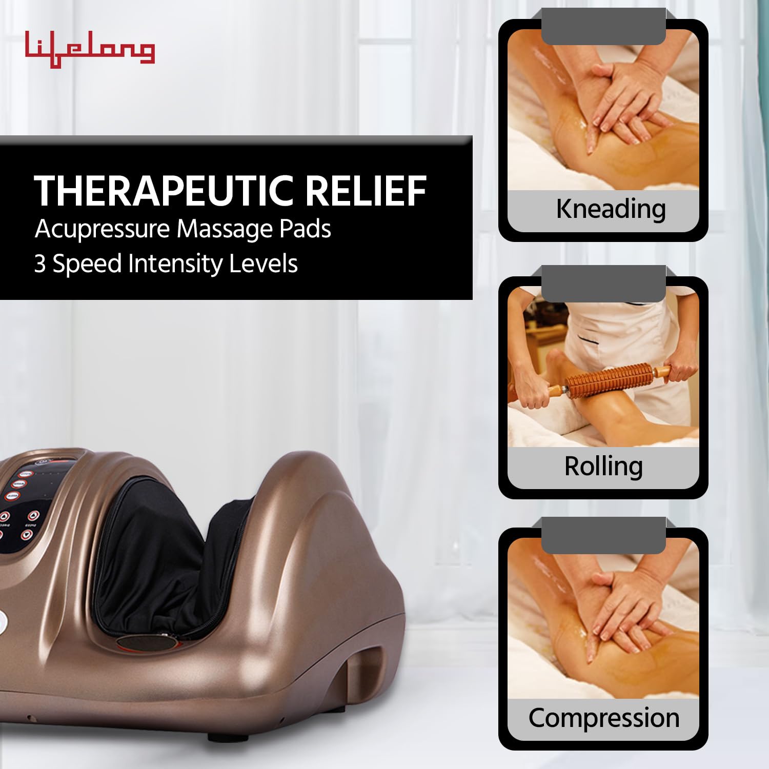 Lifelong Foot Massager Machine for Pain Relief with Kneading function - Also used as Leg Calf Massager - Corded Electric Foot Massage Machine for Home with Customizable Settings (LLM72, Brown)