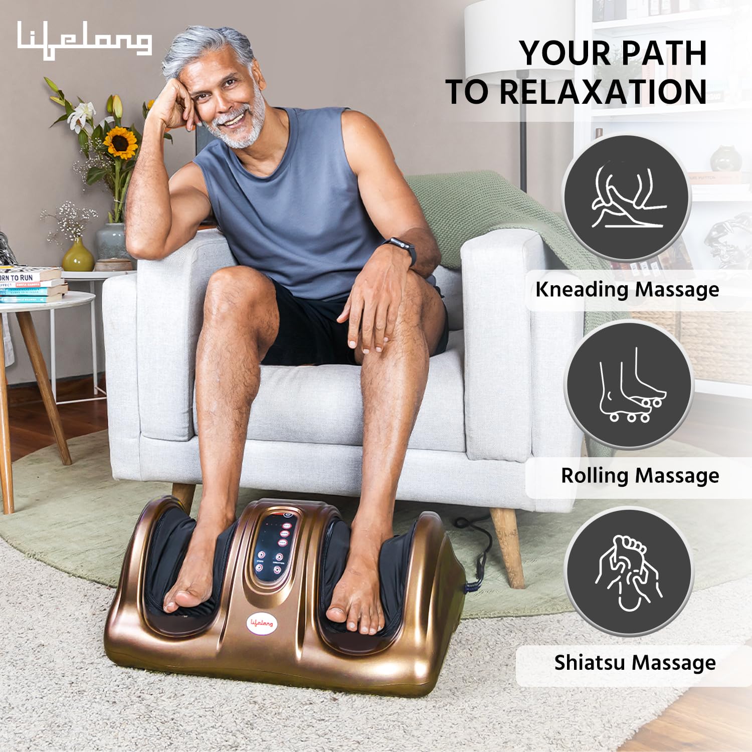 Lifelong Foot Massager Machine for Pain Relief with Kneading function - Also used as Leg Calf Massager - Corded Electric Foot Massage Machine for Home with Customizable Settings (LLM72, Brown)